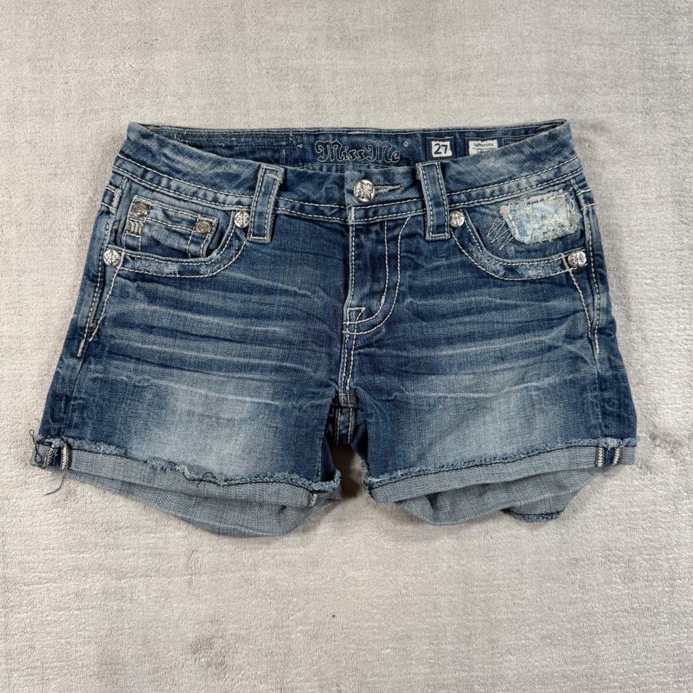 Miss Me Signature Shorts Womens 27 Blue Distressed Embellished Y2K Denim JE8662H